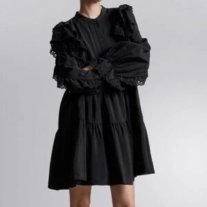 & Other Stories Frill Eyelets Mini Tiered ShirtDress Long Sleeve in Black Sz M